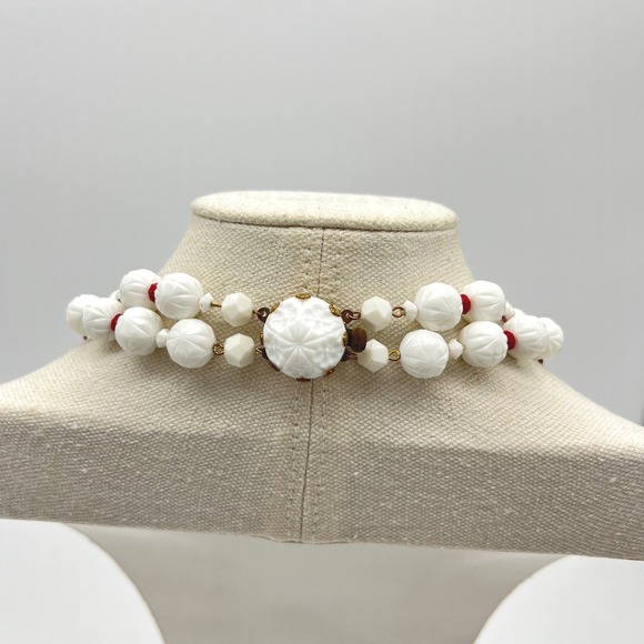 West Germany Two Strand White Bead Necklace Red Accents Ornate Gold Tone Clasp - Picture 4 of 9